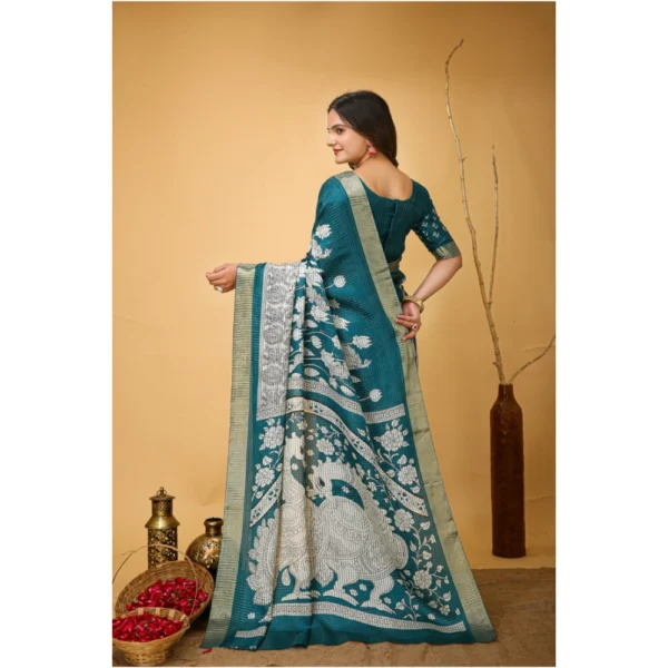 Generic Women's Soft Handloom Cotton Kalamkari Printed Saree With Unstitched Blouse 5.5Mtr (Turquoise) - Image 3
