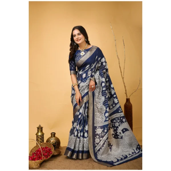 Generic Women's Soft Handloom Cotton Kalamkari Printed Saree With Unstitched Blouse 5.5Mtr (Blue) - Image 2