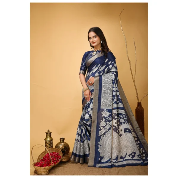 Generic Women's Soft Handloom Cotton Kalamkari Printed Saree With Unstitched Blouse 5.5Mtr (Blue) - Image 4