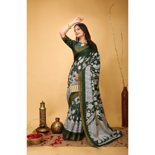 Generic Women's Soft Handloom Cotton Kalamkari Printed Saree With Unstitched Blouse 5.5Mtr (Green) - Image 2