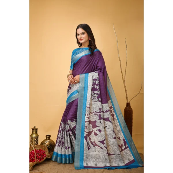 Generic Women's Soft Handloom Cotton Kalamkari Printed Saree With Unstitched Blouse 5.5Mtr (Purple) - Image 4