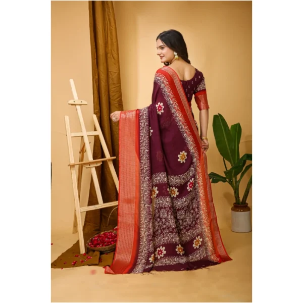 Generic Women's Soft Blooming Marshmallow Fabric Kalamkari Printed Saree With Unstitched Blouse 5.5Mtr (Wine) - Image 3