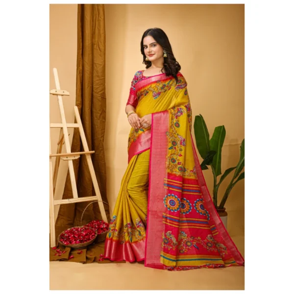 Generic Women's Soft Dola Cotton Kalamkari Printed Saree With Unstitched Blouse 5.5Mtr (Yellow) - Image 3
