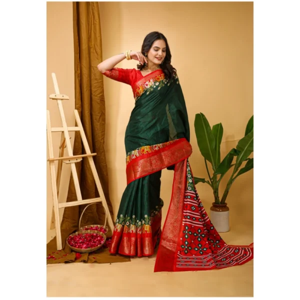 Generic Women's Soft Dola Cotton Kalamkari Printed Saree With Unstitched Blouse 5.5Mtr (Green) - Image 2