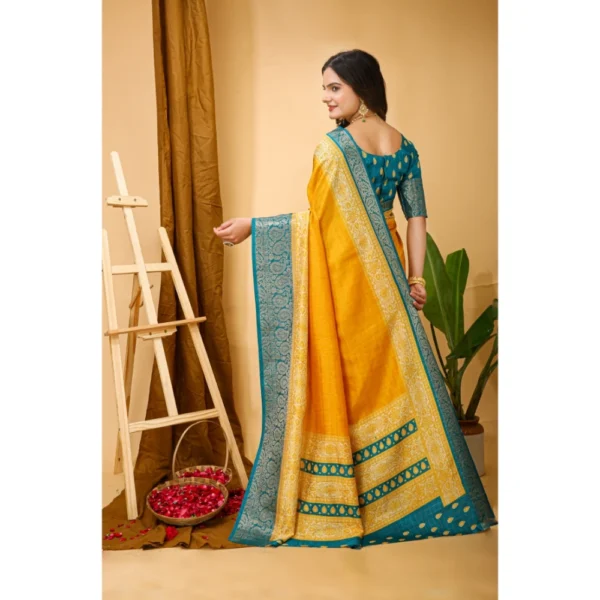 Generic Women's Soft Dola Cotton Kalamkari Printed Saree With Unstitched Blouse 5.5Mtr (Yellow) - Image 3