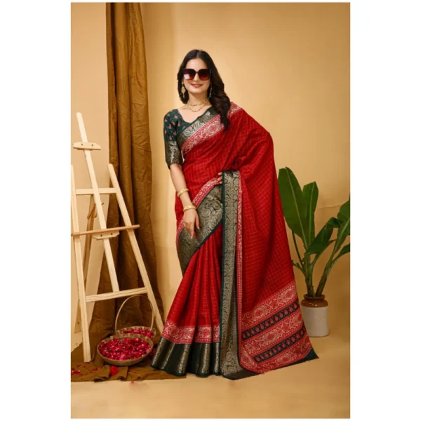 Generic Women's Soft Dola Cotton Kalamkari Printed Saree With Unstitched Blouse 5.5Mtr (Red) - Image 2