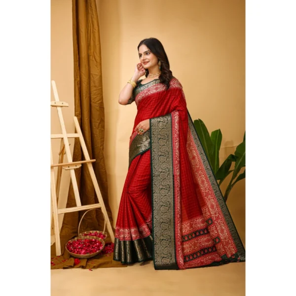 Generic Women's Soft Dola Cotton Kalamkari Printed Saree With Unstitched Blouse 5.5Mtr (Red) - Image 4
