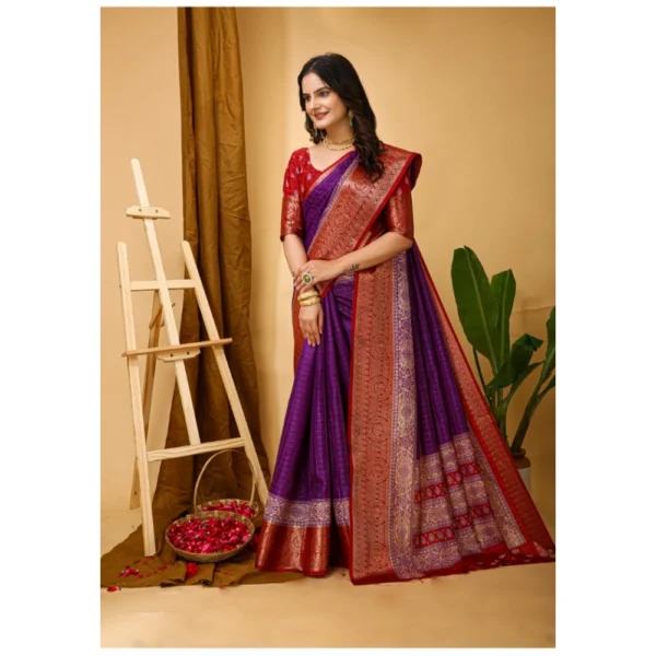 Generic Women's Soft Dola Cotton Kalamkari Printed Saree With Unstitched Blouse 5.5Mtr (Purple) - Image 2