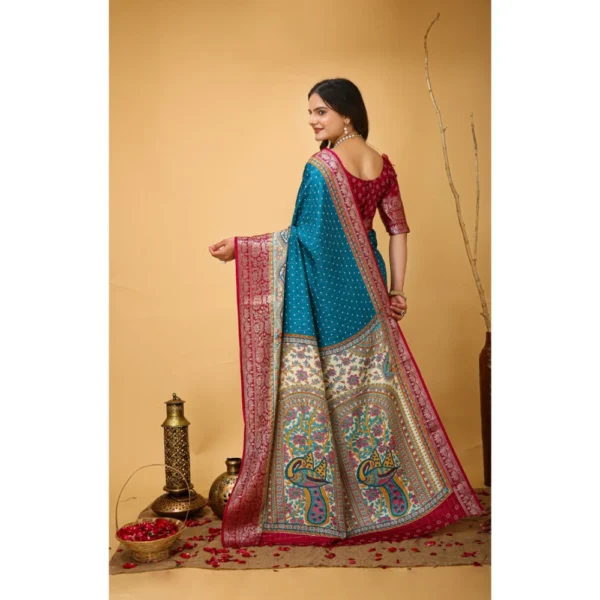 Generic Women's Soft Dola Cotton Kalamkari Printed Saree With Unstitched Blouse 5.5Mtr (Sky Blue) - Image 3