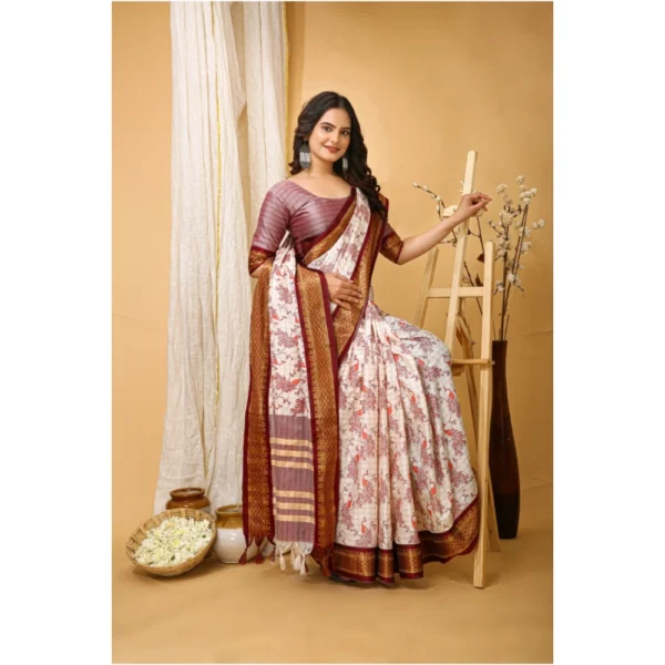 Generic Women's Soft Cotton Silk Printed Saree With Unstitched Blouse 5.5Mtr (Maroon) - Image 2