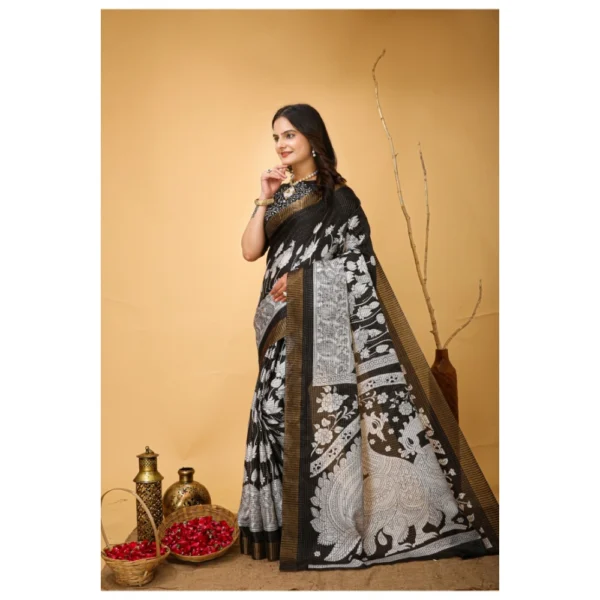 Generic Women's Soft Handloom Cotton Kalamkari Printed Saree With Unstitched Blouse 5.5Mtr (Black) - Image 4