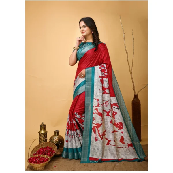 Generic Women's Soft Handloom Cotton Kalamkari Printed Saree With Unstitched Blouse 5.5Mtr (Red) - Image 4