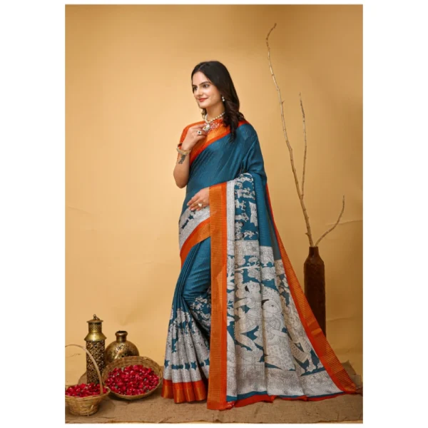 Generic Women's Soft Handloom Cotton Kalamkari Printed Saree With Unstitched Blouse 5.5Mtr (Teal Blue) - Image 4