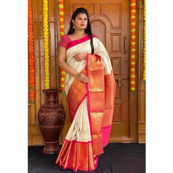 Generic Women's Soft Lichi Silk Printed Saree With Unstitched Blouse 5.5Mtr (Cream) - Image 2