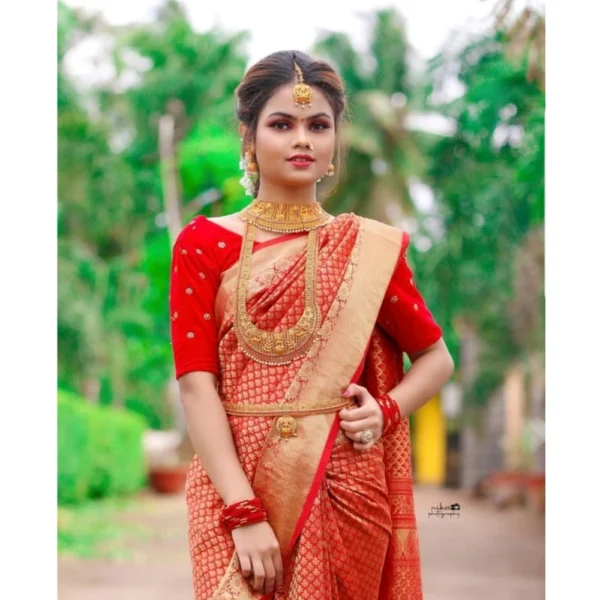 Generic Women's Soft Lichi Silk Printed Saree With Unstitched Blouse 5.5Mtr (Red) - Image 4
