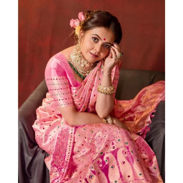 Generic Women's Soft Lichi Silk Printed Saree With Unstitched Blouse 5.5Mtr (Pink) - Image 3