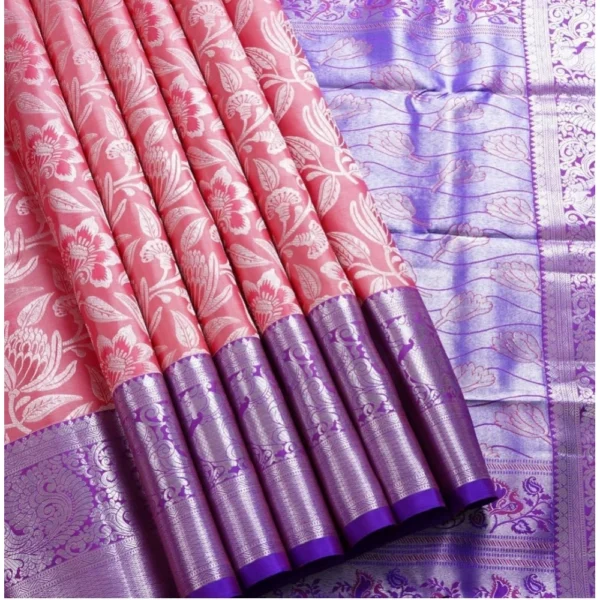Generic Women's Soft Lichi Silk Printed Saree With Unstitched Blouse 5.5Mtr (Purple) - Image 3