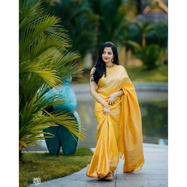 Generic Women's Soft Lichi Silk Printed Saree With Unstitched Blouse 5.5Mtr (Yellow) - Image 3