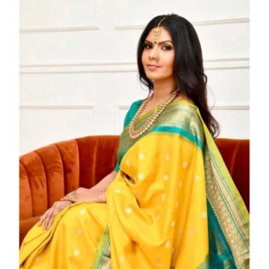 Generic Women's Soft Lichi Silk Printed Saree With Unstitched Blouse 5.5Mtr (Yellow)