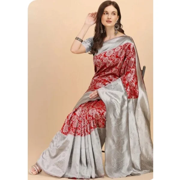 Generic Women's Soft Lichi Silk Printed Saree With Unstitched Blouse 5.5Mtr (Red) - Image 4