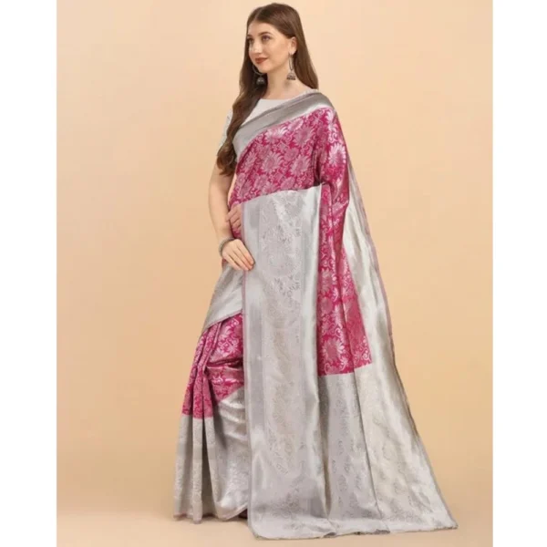 Generic Women's Soft Lichi Silk Printed Saree With Unstitched Blouse 5.5Mtr (Pink) - Image 4