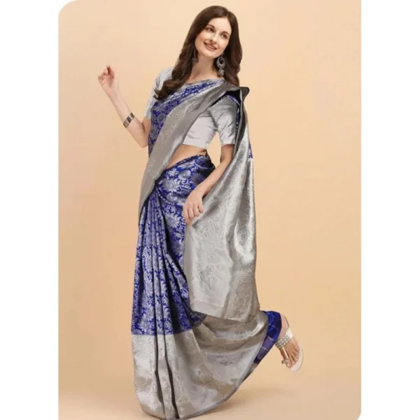 Generic Women's Soft Lichi Silk Printed Saree With Unstitched Blouse 5.5Mtr (Blue) - Image 4