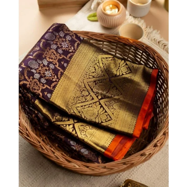 Generic Women's Soft Lichi Silk Printed Saree With Unstitched Blouse 5.5Mtr (Purple) - Image 4