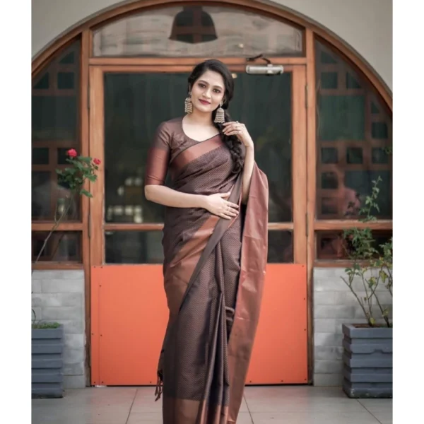 Generic Women's Soft Lichi Silk Printed Saree With Unstitched Blouse 5.5Mtr (Brown) - Image 3