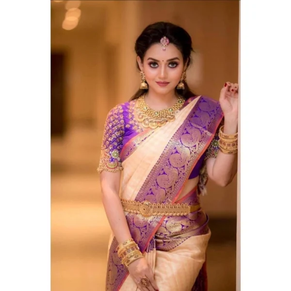 Generic Women's Soft Lichi Silk Printed Saree With Unstitched Blouse 5.5Mtr (Purple) - Image 3