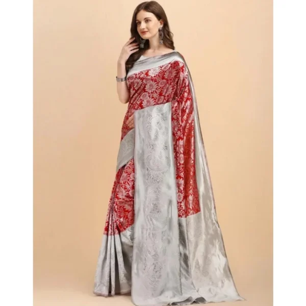 Generic Women's Soft Lichi Silk Printed Saree With Unstitched Blouse 5.5Mtr (Red) - Image 2