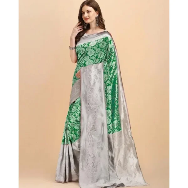 Generic Women's Soft Lichi Silk Printed Saree With Unstitched Blouse 5.5Mtr (Green) - Image 2