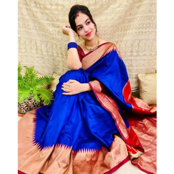 Generic Women's Soft Lichi Silk Solid Saree With Unstitched Blouse 5.5Mtr (Blue) - Image 2