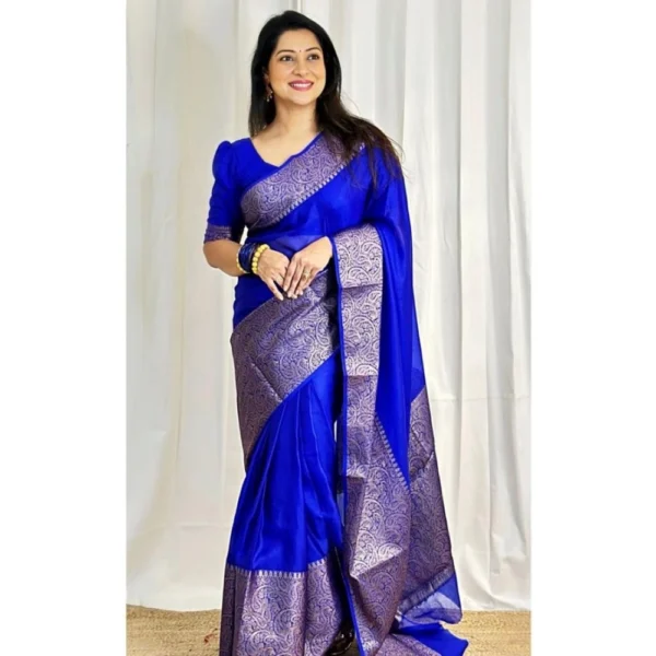 Generic Women's Soft Lichi Silk Solid Saree With Unstitched Blouse 5.5Mtr (Blue) - Image 3