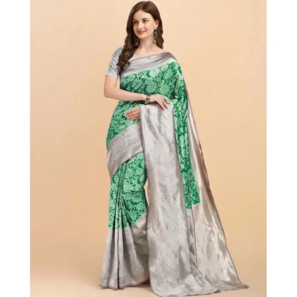 Generic Women's Soft Lichi Silk Printed Saree With Unstitched Blouse 5.5Mtr (Green) - Image 4