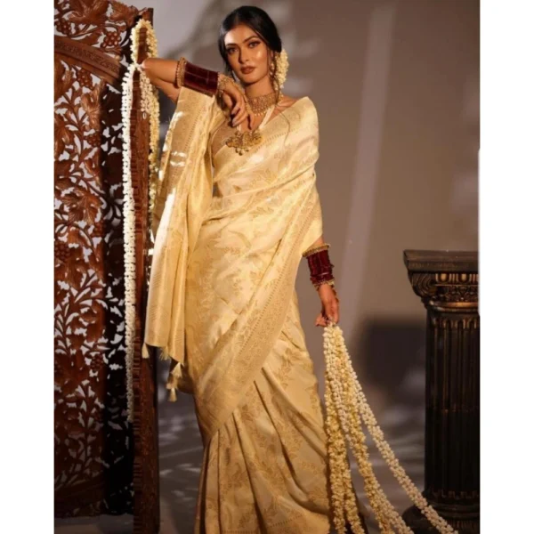 Generic Women's Soft Lichi Silk Printed Saree With Unstitched Blouse 5.5Mtr (Golden) - Image 4
