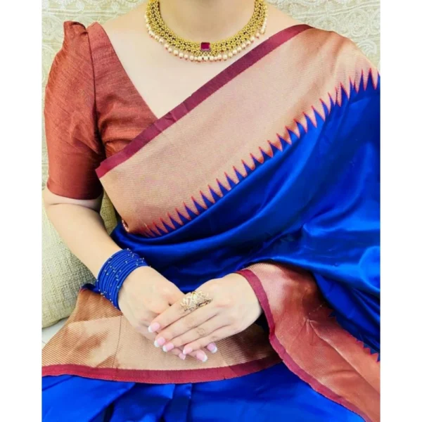 Generic Women's Soft Lichi Silk Solid Saree With Unstitched Blouse 5.5Mtr (Blue) - Image 3
