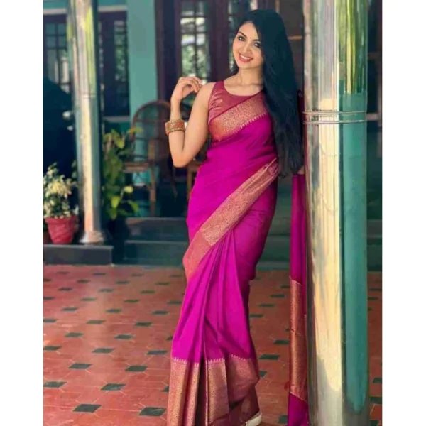 Generic Women's Soft Lichi Silk Solid Saree With Unstitched Blouse 5.5Mtr (Pink) - Image 3