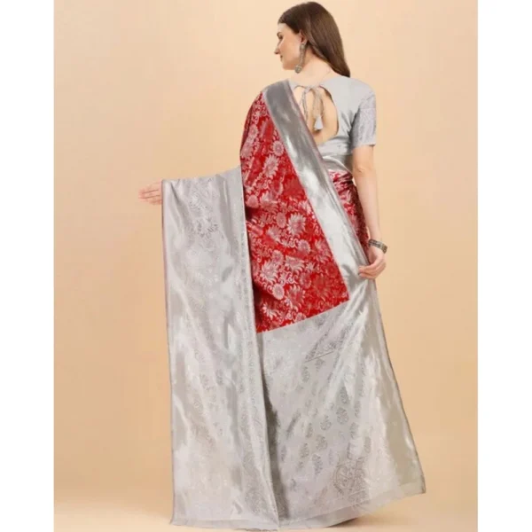 Generic Women's Soft Lichi Silk Printed Saree With Unstitched Blouse 5.5Mtr (Red) - Image 3