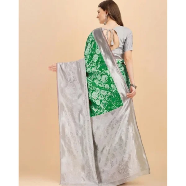Generic Women's Soft Lichi Silk Printed Saree With Unstitched Blouse 5.5Mtr (Green) - Image 3