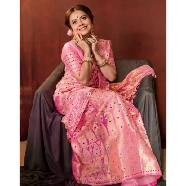 Generic Women's Soft Lichi Silk Printed Saree With Unstitched Blouse 5.5Mtr (Pink) - Image 2