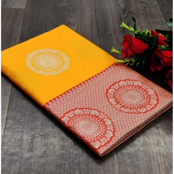 Generic Women's Soft Lichi Silk Printed Saree With Unstitched Blouse 5.5Mtr (Yellow) - Image 2
