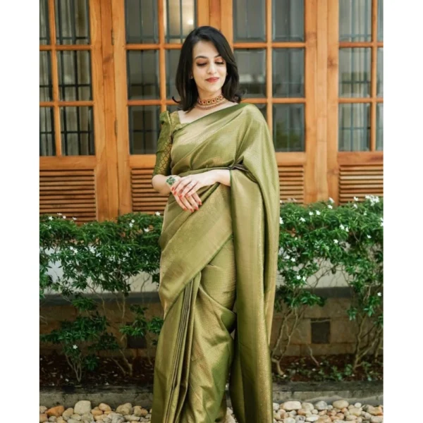 Generic Women's Soft Lichi Silk Printed Saree With Unstitched Blouse 5.5Mtr (Green) - Image 2