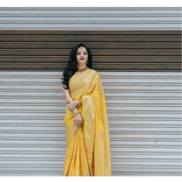 Generic Women's Soft Lichi Silk Printed Saree With Unstitched Blouse 5.5Mtr (Yellow) - Image 4