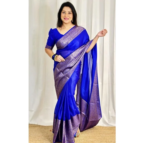 Generic Women's Soft Lichi Silk Solid Saree With Unstitched Blouse 5.5Mtr (Blue) - Image 2