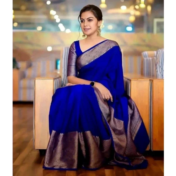 Generic Women's Soft Lichi Silk Solid Saree With Unstitched Blouse 5.5Mtr (Blue) - Image 4