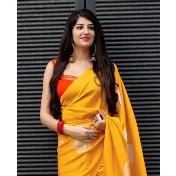 Generic Women's Soft Lichi Silk Printed Saree With Unstitched Blouse 5.5Mtr (Yellow) - Image 3