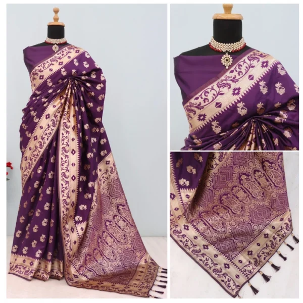 Generic Women's Satin Printed Saree With Unstitched Blouse 5.5Mtr (Purple) - Image 2