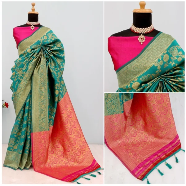 Generic Women's Banarasi Printed Saree With Unstitched Blouse 5.5Mtr (Rama) - Image 3