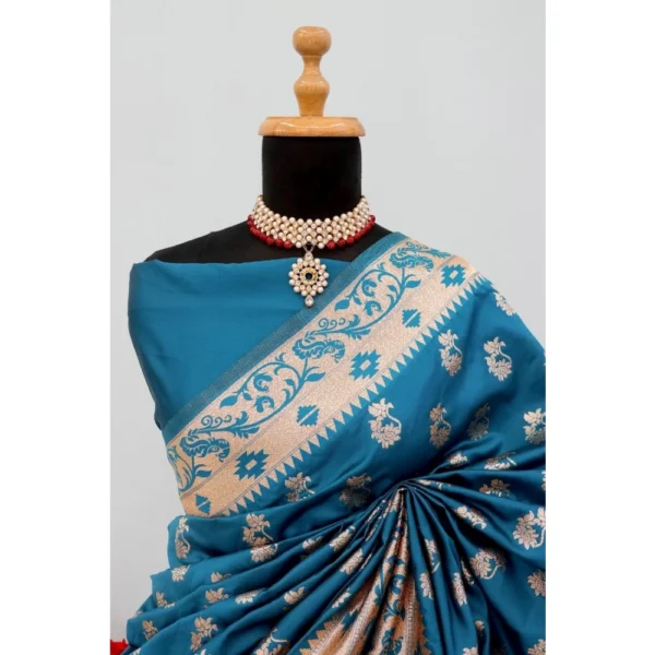 Generic Women's Satin Printed Saree With Unstitched Blouse 5.5Mtr (Aqua Blue) - Image 2