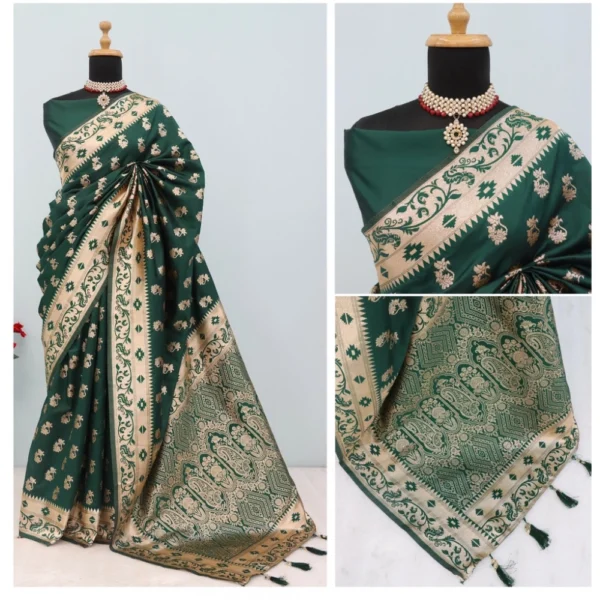 Generic Women's Satin Printed Saree With Unstitched Blouse 5.5Mtr (Green) - Image 3
